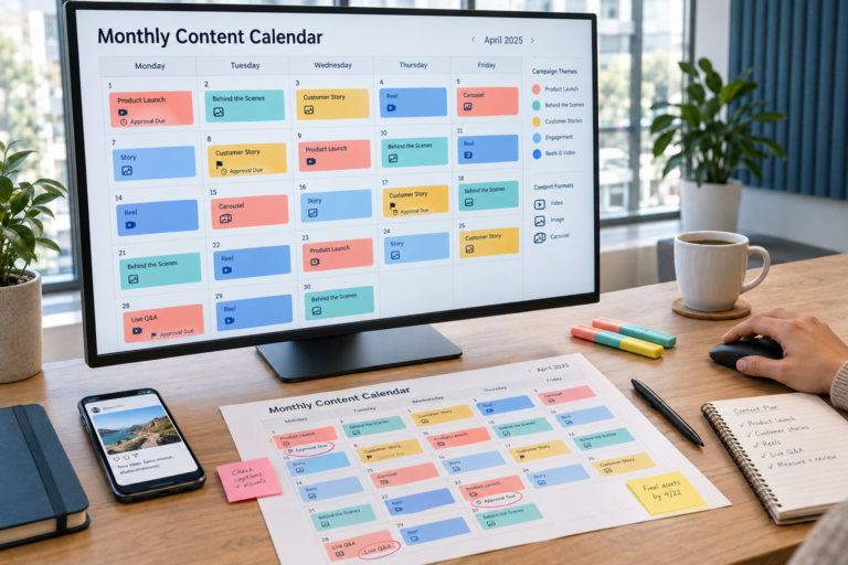 Monthly social media content calendar with campaign themes, formats and approval deadlines
