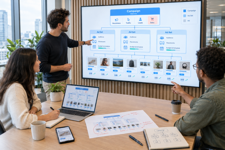 Facebook Ads management services showing campaign structure, ad targeting, and creative testing.