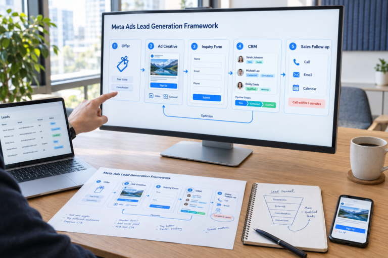 Meta Ads lead generation framework connecting an offer, ad creative, inquiry form, CRM and sales follow-up