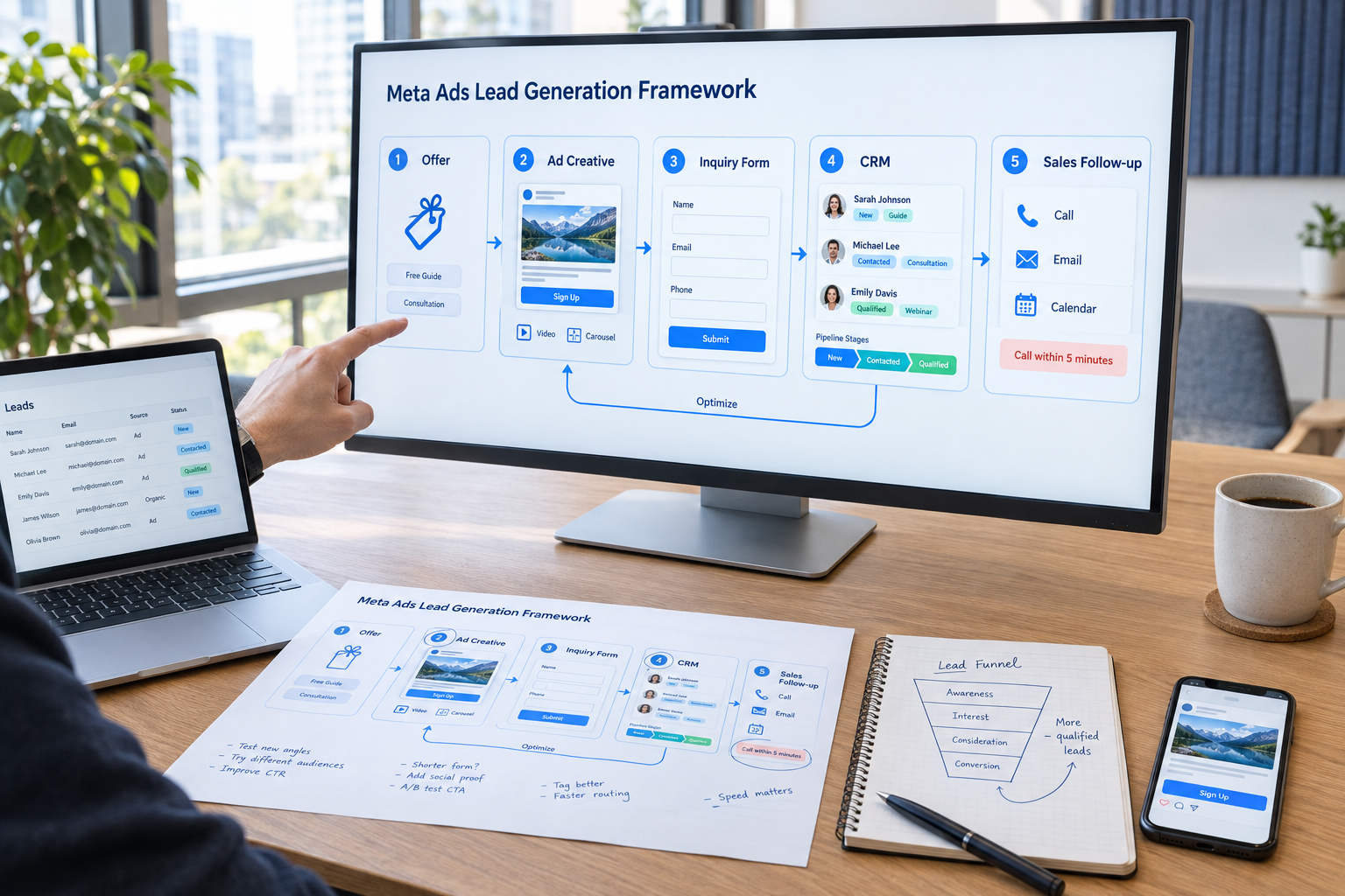 Meta Ads lead generation framework connecting an offer, ad creative, inquiry form, CRM and sales follow-up