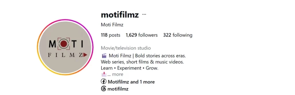 Instagram profile of @motifilmz (Moti Filmz) as supplied for the case study