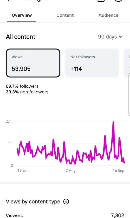 Tiffany Pittman Global Instagram insights, 90 days: 53,905 views, +114 net followers, 7,302 viewers