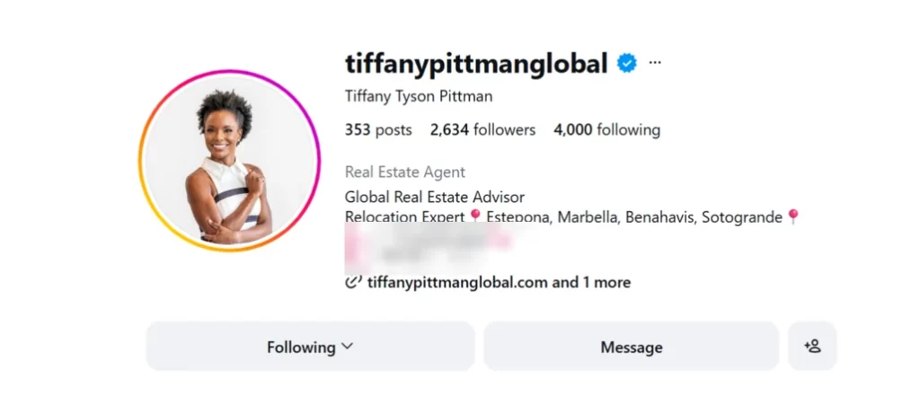 Instagram profile of @tiffanypittmanglobal (Tiffany Pittman Global) as supplied; phone numbers blurred