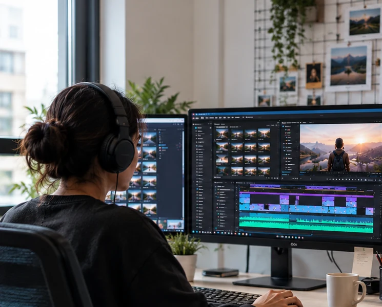 Video editor working on a multi-monitor editing workstation