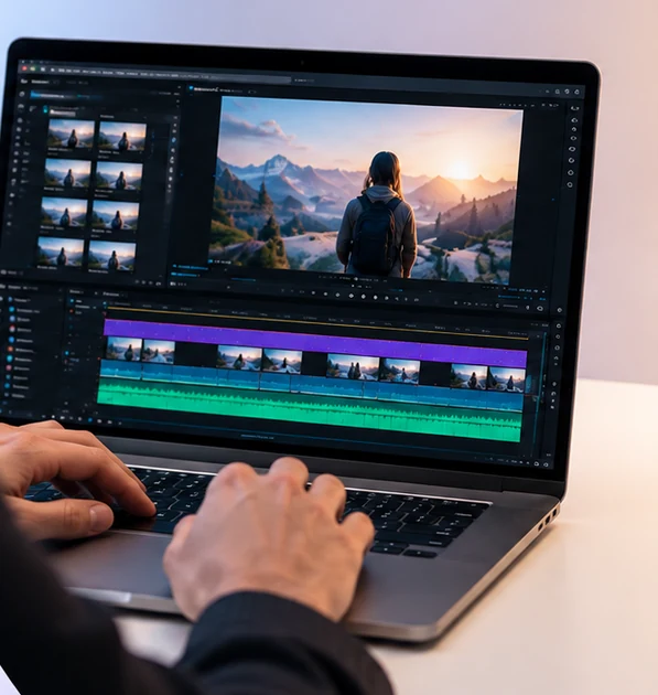 Laptop showing a video editing timeline