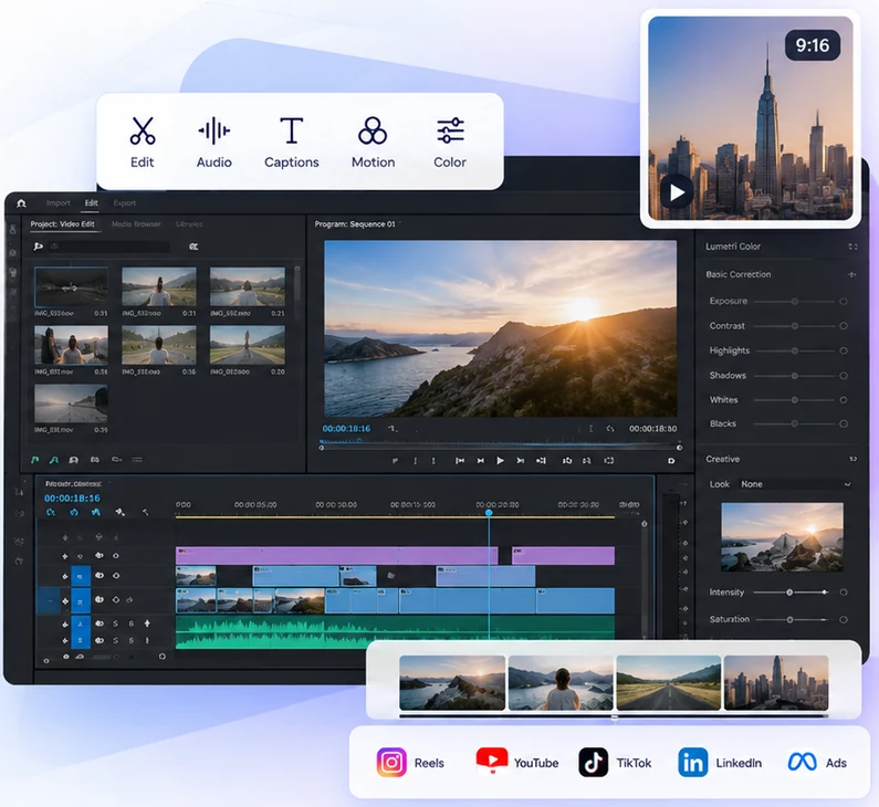 Video editing software interface with timeline and preview