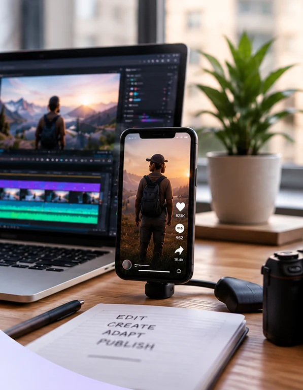 Edited video shown on a laptop and a smartphone