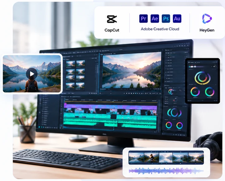 Video editing workstation with timeline on screen