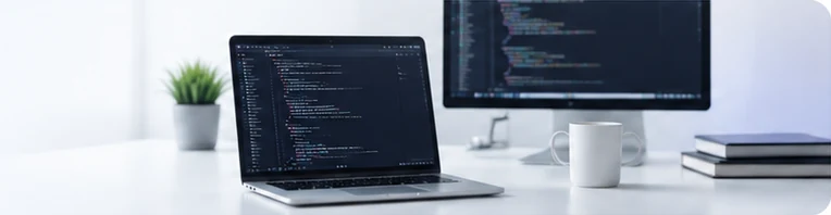 Developer workstation with laptop and monitor showing code