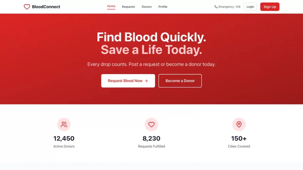 Blood Connect web application home screen (desktop)