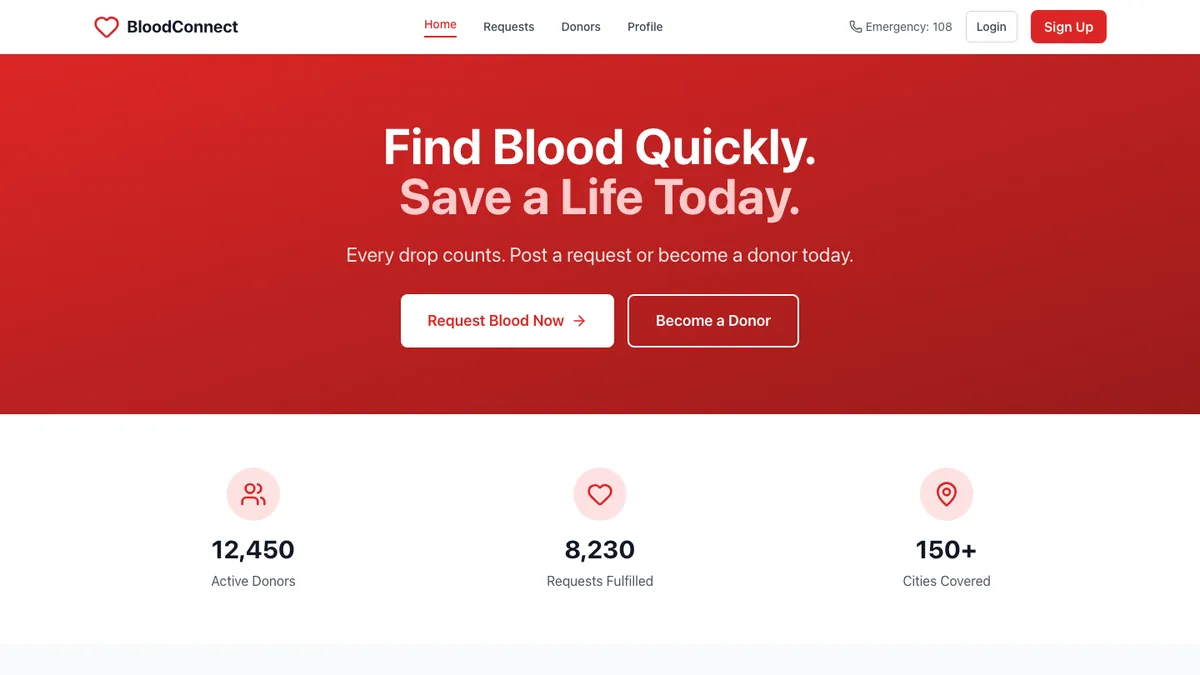 Blood Connect web application home screen (desktop)