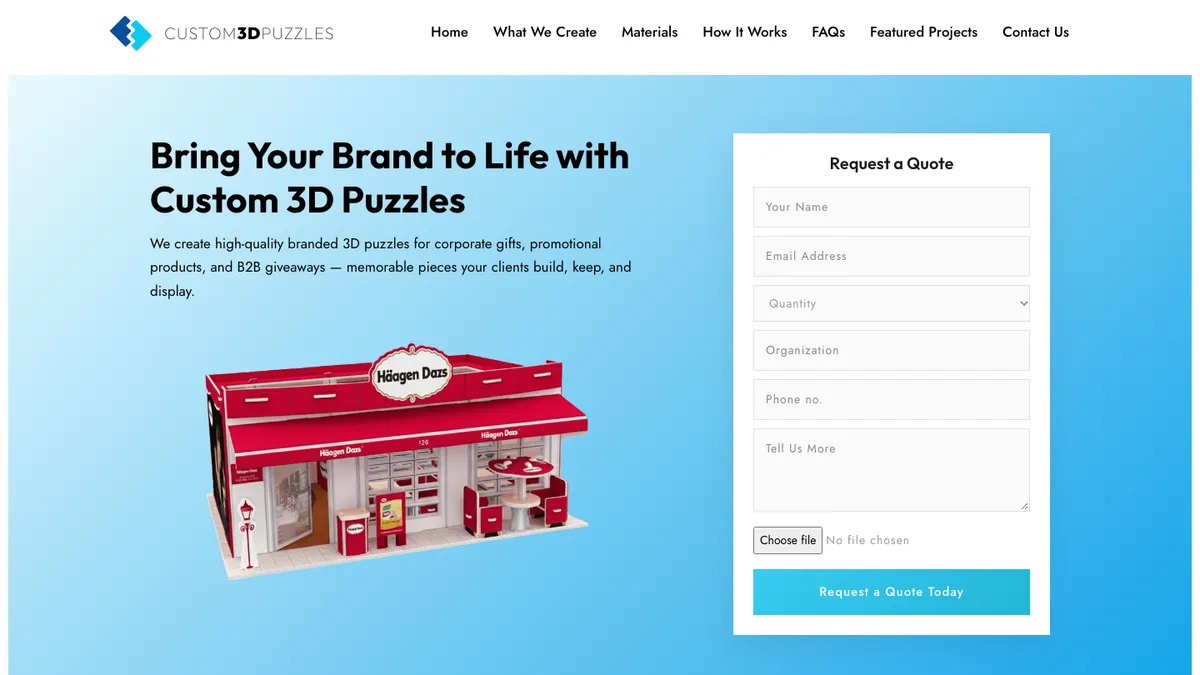 Custom 3D Puzzles redesigned website homepage with quote request form