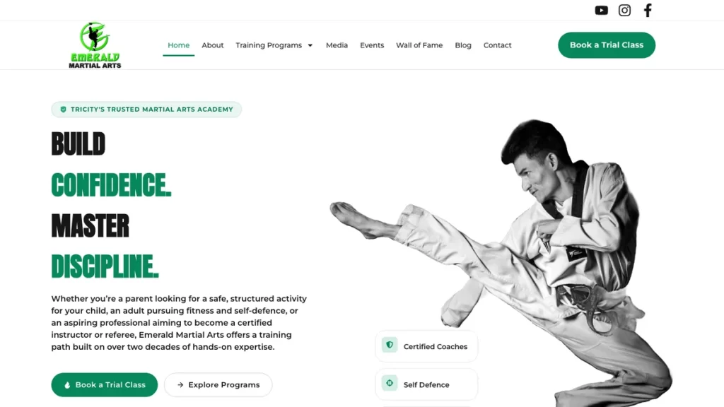 Emerald Martial Arts website development preview (desktop), in development